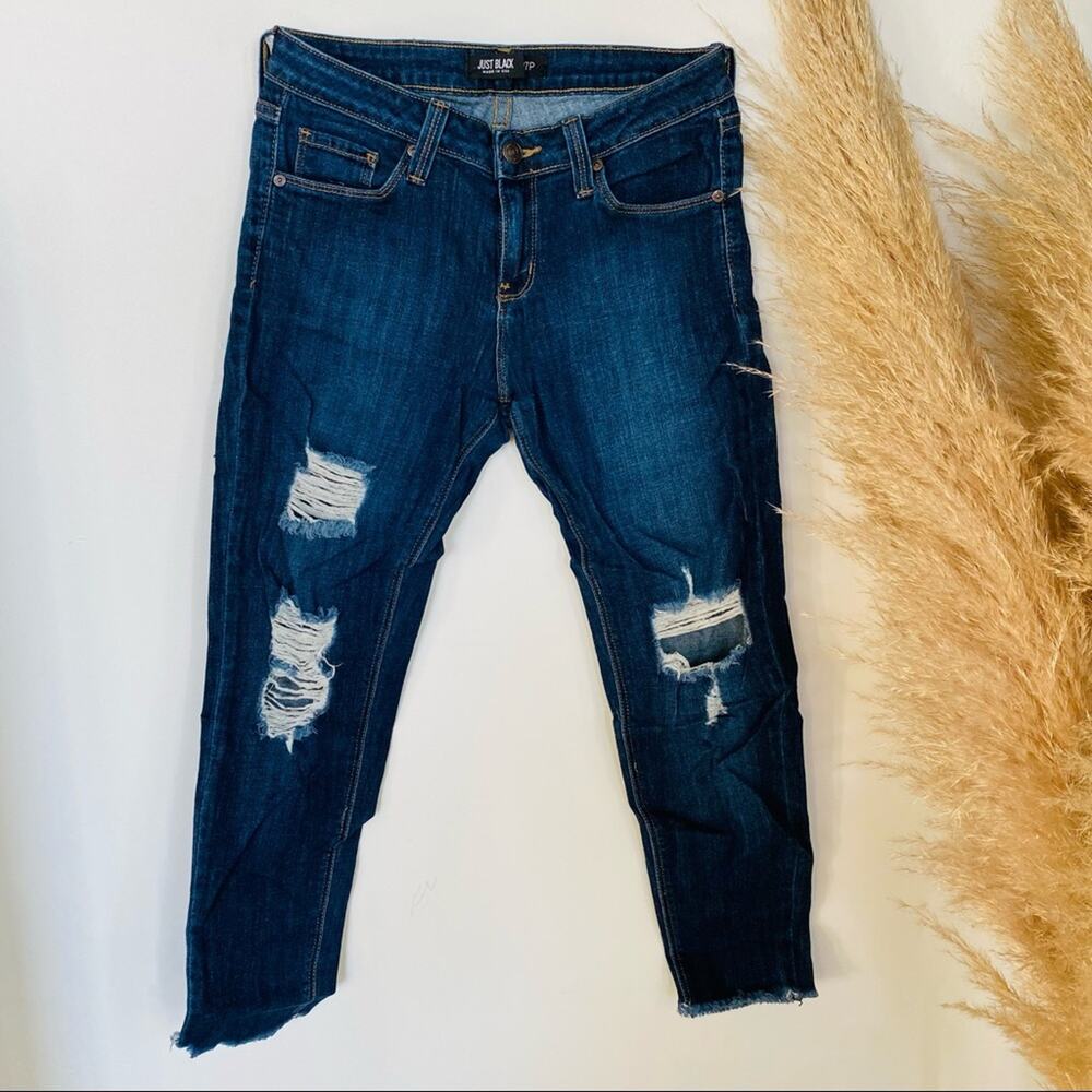 JUST BLACK Classic Blue Wash Distressed Ripped Skinny Low Rise Denim Jeans 27 P